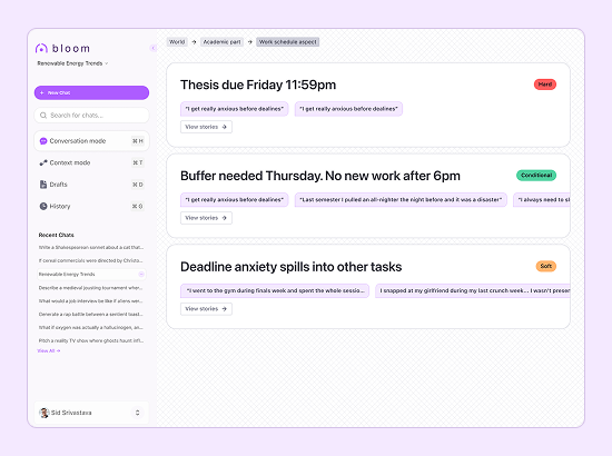 The BLOOM application: a chat conversation on the left, and an editable, visible context view on the right.